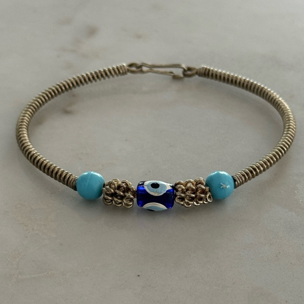 Vintage Silver Coil Bracelet with Blue Evil Eye & Turquoise Beads - Picture 5 of 7